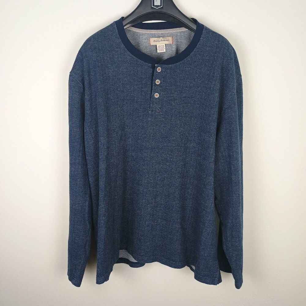Tommy Bahama Henley Shirt Men XXL Blue Herringbone Long Sleeve Cotton Blend - Picture 3 of 9